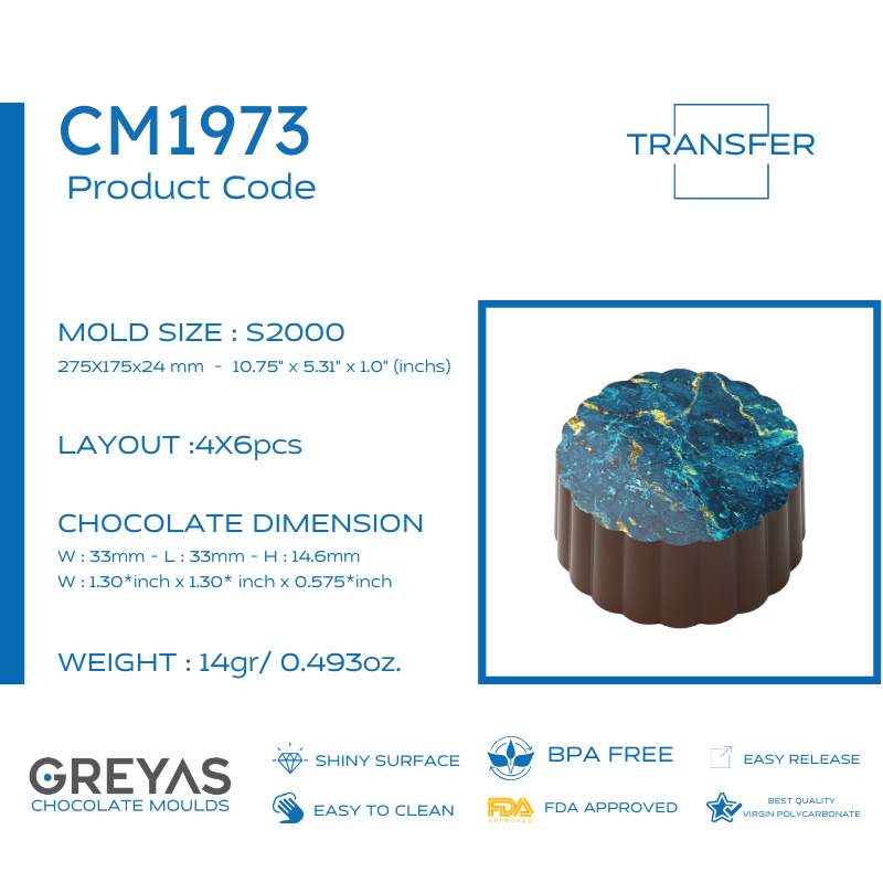 CM 1973 ENDÜSTRİYEL  TRANSFER ÇİKOLATA KALIBI - GREYAS CHOCOLATE MOULDS