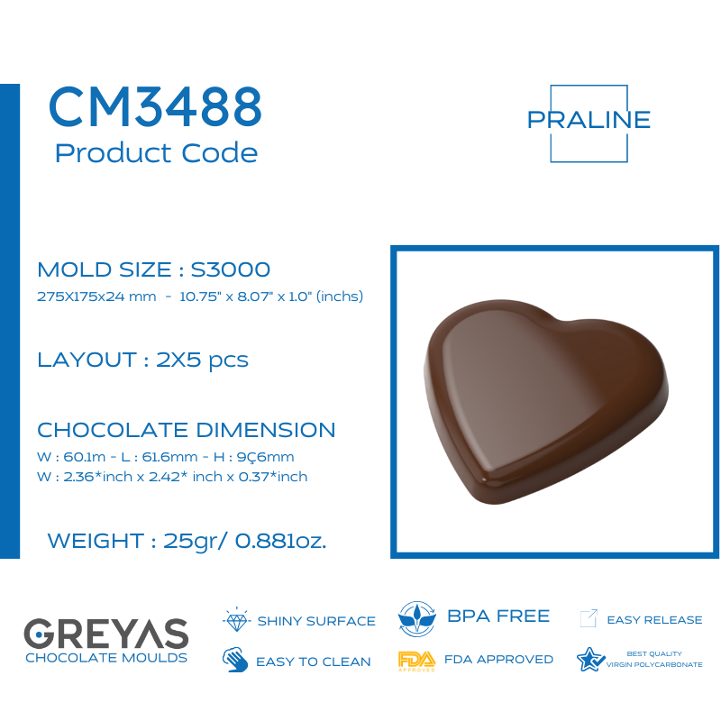 CM 3488 HEART SHAPE 25gr PRALINE CHOCOLATE MOULD