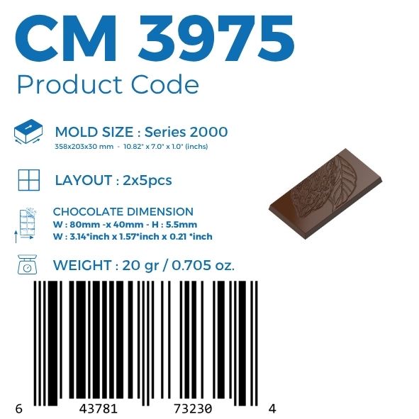 CM-3975 MOLDE PARA TABLETA DE CHOCOLATE CON DISEÑO DE CACAO DE 20GR