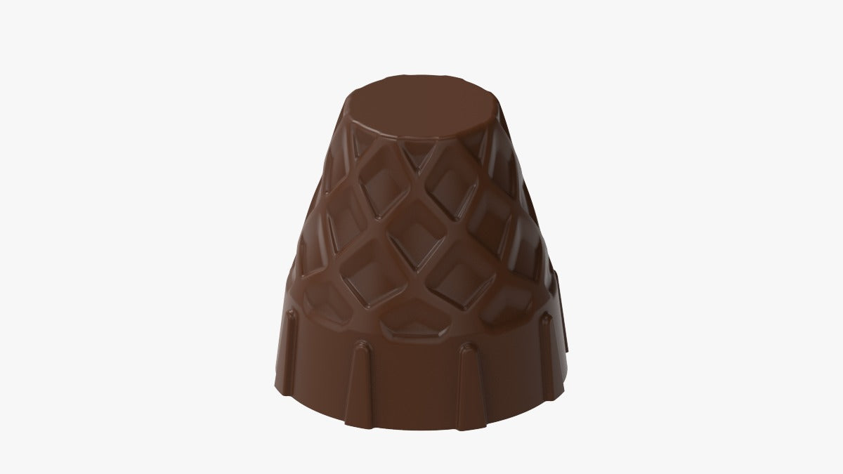 polycarbonate basket chocolate mold, basket shaped chocolate mold, woven pattern chocolate mold, textured chocolate mold, 3D basket chocolate mould, cone shaped chocolate mold, decorative chocolate mold, geometric chocolate mold, professional polycarbonate chocolate mold, chocolate figure mold, chocolate casting mold, confectionery chocolate mold, artisan chocolate mold, novelty chocolate mold, reusable chocolate mold, rigid chocolate mould, patterned chocolate mold