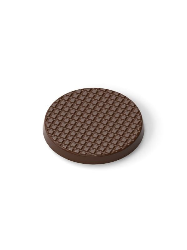 polycarbonate round chocolate mold, waffle texture chocolate mold, grid pattern chocolate mould, round praline chocolate mold, textured chocolate mold, checker pattern chocolate mold, embossed chocolate mold, circular chocolate mould, geometric chocolate mold, decorative bonbon mold, professional polycarbonate chocolate mold, artisan chocolate mold, confectionery chocolate mold, chocolate casting mold, reusable chocolate mold, rigid chocolate mould
