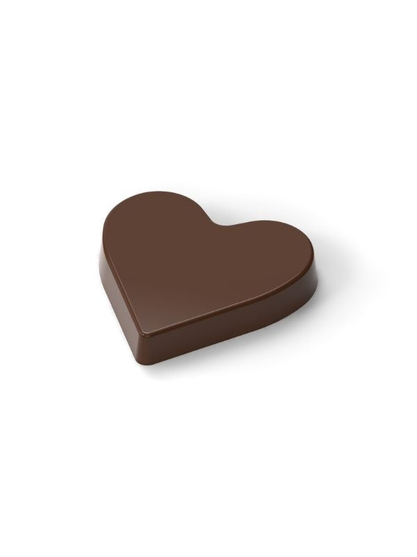 polycarbonate heart chocolate mold, heart shaped chocolate mould, heart praline mold, heart bonbon mold, smooth heart chocolate mold, flat top heart chocolate mold, romantic chocolate mold, Valentine chocolate mold, love themed chocolate mold, filled chocolate mold, professional polycarbonate chocolate mold, artisan chocolate mold, confectionery chocolate mold, chocolate casting mold, reusable chocolate mold, rigid chocolate mould