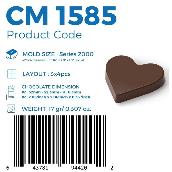 polycarbonate heart chocolate mold, heart shaped chocolate mould, heart praline mold, heart bonbon mold, smooth heart chocolate mold, flat top heart chocolate mold, romantic chocolate mold, Valentine chocolate mold, love themed chocolate mold, filled chocolate mold, professional polycarbonate chocolate mold, artisan chocolate mold, confectionery chocolate mold, chocolate casting mold, reusable chocolate mold, rigid chocolate mould