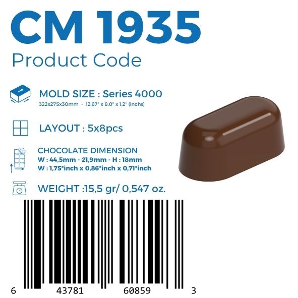 polycarbonate capsule chocolate mold, oblong chocolate mold, rounded rectangle chocolate mould, capsule praline mold, oval chocolate mold, domed chocolate mold, modern bonbon mold, geometric chocolate mould, filled chocolate mold, professional polycarbonate chocolate mold, praline chocolate mould, chocolate casting mold, confectionery chocolate mold, artisan chocolate mold, reusable chocolate mold, rigid chocolate mould, premium bonbon mold