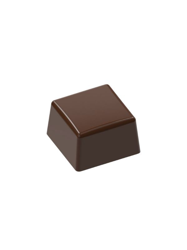 polycarbonate square chocolate mold, square praline chocolate mold, square bonbon mold, flat top chocolate mould, beveled chocolate mold, geometric praline mold, classic chocolate mold, filled chocolate mold, professional polycarbonate chocolate mold, artisan chocolate mold, confectionery chocolate mold, chocolate casting mold, reusable chocolate mold, rigid chocolate mould, minimalist praline mold, premium bonbon mold