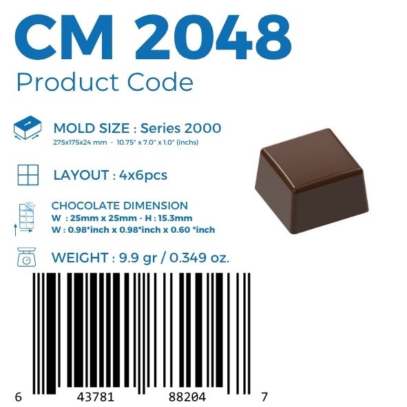 polycarbonate square chocolate mold, square praline chocolate mold, square bonbon mold, flat top chocolate mould, beveled chocolate mold, geometric praline mold, classic chocolate mold, filled chocolate mold, professional polycarbonate chocolate mold, artisan chocolate mold, confectionery chocolate mold, chocolate casting mold, reusable chocolate mold, rigid chocolate mould, minimalist praline mold, premium bonbon mold