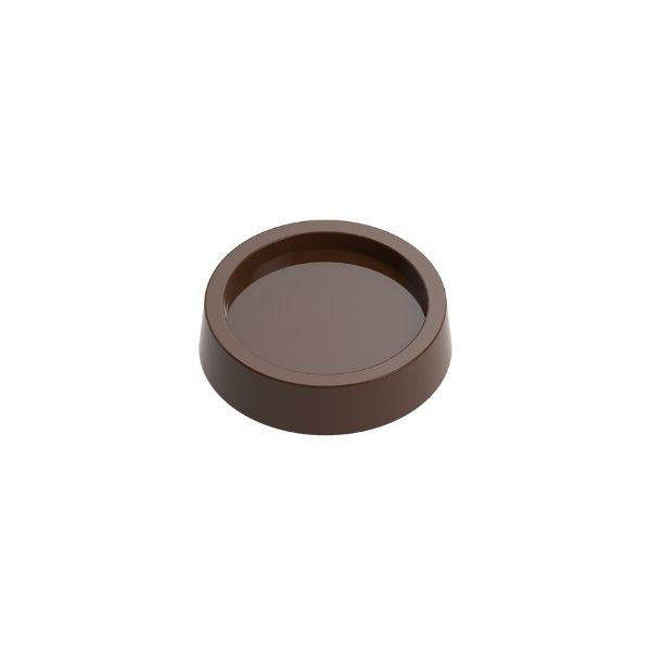 polycarbonate round chocolate mold, circular chocolate mold, disc chocolate mould, round praline chocolate mold, flat round chocolate mold, coin chocolate mold, medallion chocolate mold, simple chocolate mold, plain chocolate mold, professional polycarbonate chocolate mold, chocolate casting mold, confectionery chocolate mold, artisan chocolate mold, reusable chocolate mold, rigid chocolate mould, round bonbon mold