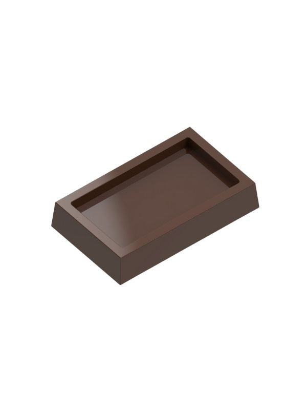polycarbonate rectangular chocolate mold, recessed center chocolate mold, framed chocolate mould, rectangular praline chocolate mold, flat center chocolate mold, geometric bonbon mold, minimalist chocolate mold, modern praline mould, filled chocolate mold, decorative chocolate mold, professional polycarbonate chocolate mold, artisan chocolate mold, confectionery chocolate mold, chocolate casting mold, reusable chocolate mold, rigid chocolate mould