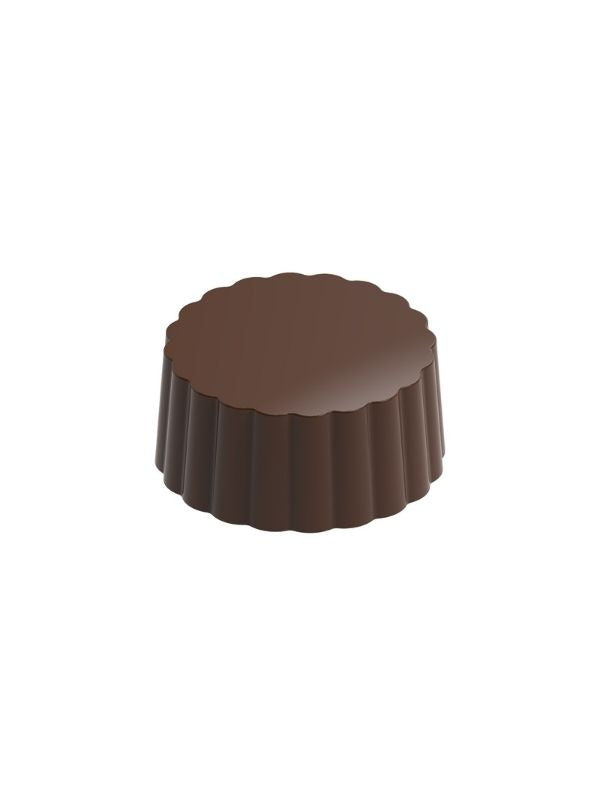 polycarbonate fluted chocolate mold, round praline chocolate mold, ribbed chocolate mould, scalloped chocolate mold, grooved chocolate mold, round bonbon mold, flat top chocolate mold, fluted praline mold, ridged chocolate mould, decorative chocolate mold, geometric chocolate mold, professional polycarbonate chocolate mold, filled chocolate mold, artisan chocolate mold, confectionery chocolate mold, chocolate casting mold, reusable chocolate mold, rigid chocolate mould