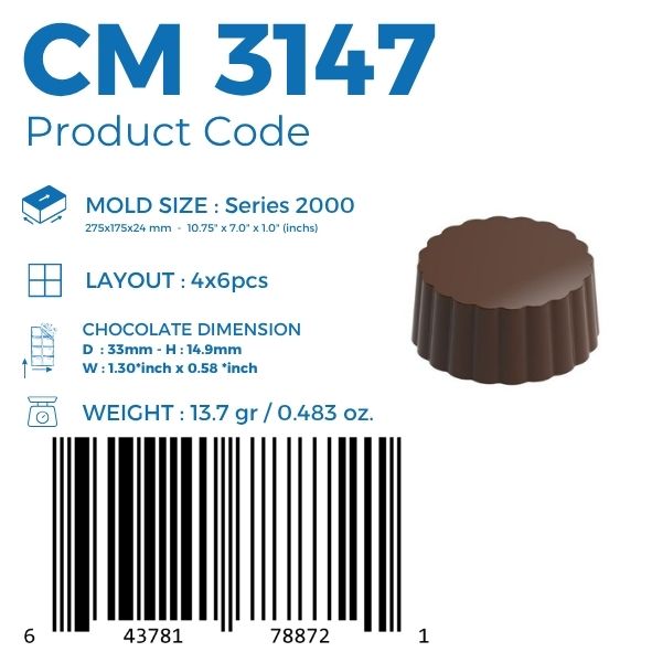 polycarbonate fluted chocolate mold, round praline chocolate mold, ribbed chocolate mould, scalloped chocolate mold, grooved chocolate mold, round bonbon mold, flat top chocolate mold, fluted praline mold, ridged chocolate mould, decorative chocolate mold, geometric chocolate mold, professional polycarbonate chocolate mold, filled chocolate mold, artisan chocolate mold, confectionery chocolate mold, chocolate casting mold, reusable chocolate mold, rigid chocolate mould
