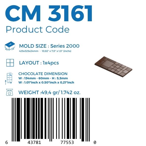 polycarbonate tablet chocolate mold, geometric chocolate bar mold, textured chocolate mold, striped chocolate bar mould, patterned chocolate tablet mold, segmented chocolate bar mold, square pattern chocolate mold, rectangular chocolate mold, modern chocolate mould, abstract chocolate bar mold, decorative chocolate tablet mold, professional polycarbonate chocolate mold, artisan chocolate mold, chocolate casting mold, confectionery chocolate mold, premium chocolate bar mold, reusable chocolate mold, rigid ch