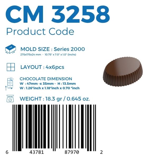 polycarbonate fluted chocolate mold, ribbed chocolate mould, oval praline chocolate mold, round praline mold, fluted bonbon mold, grooved chocolate mold, ridged chocolate mould, scalloped edge chocolate mold, flat top chocolate mold, decorative praline mold, professional polycarbonate chocolate mold, filled chocolate mold, artisan chocolate mold, confectionery chocolate mold, chocolate casting mold, reusable chocolate mold, rigid chocolate mould, classic bonbon mold