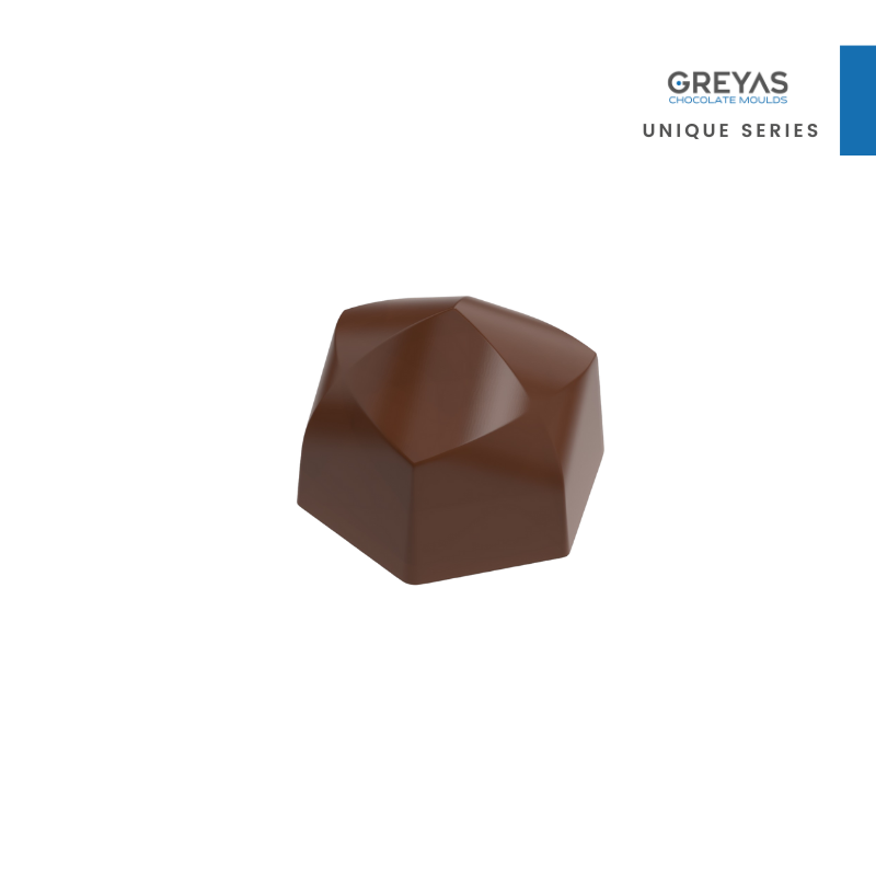 polycarbonate faceted chocolate mold, geometric chocolate mold, gemstone chocolate mould, diamond chocolate mold, polygon praline chocolate mold, jewel shaped chocolate mold, faceted bonbon mold, 3D geometric chocolate mold, angular chocolate mould, modern praline mold, decorative chocolate mold, professional polycarbonate chocolate mold, filled chocolate mold, artisan chocolate mold, confectionery chocolate mold, chocolate casting mold, reusable chocolate mold, rigid chocolate mould