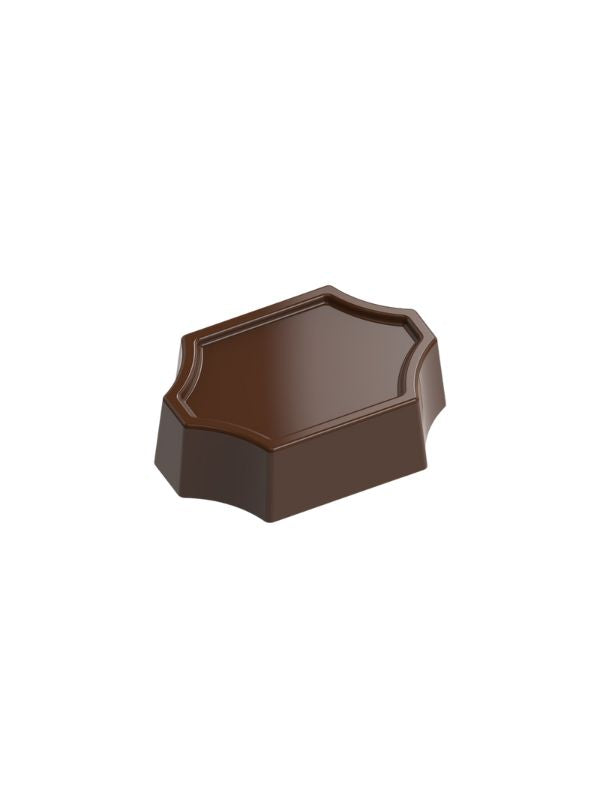 polycarbonate shield chocolate mold, plaque chocolate mould, decorative praline chocolate mold, framed chocolate mold, shield shaped chocolate mold, geometric bonbon mold, flat top chocolate mold, ornate chocolate mould, label shape chocolate mold, decorative chocolate plaque mold, professional polycarbonate chocolate mold, filled chocolate mold, artisan chocolate mold, confectionery chocolate mold, chocolate casting mold, reusable chocolate mold, rigid chocolate mould