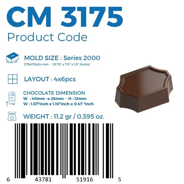 polycarbonate shield chocolate mold, plaque chocolate mould, decorative praline chocolate mold, framed chocolate mold, shield shaped chocolate mold, geometric bonbon mold, flat top chocolate mold, ornate chocolate mould, label shape chocolate mold, decorative chocolate plaque mold, professional polycarbonate chocolate mold, filled chocolate mold, artisan chocolate mold, confectionery chocolate mold, chocolate casting mold, reusable chocolate mold, rigid chocolate mould