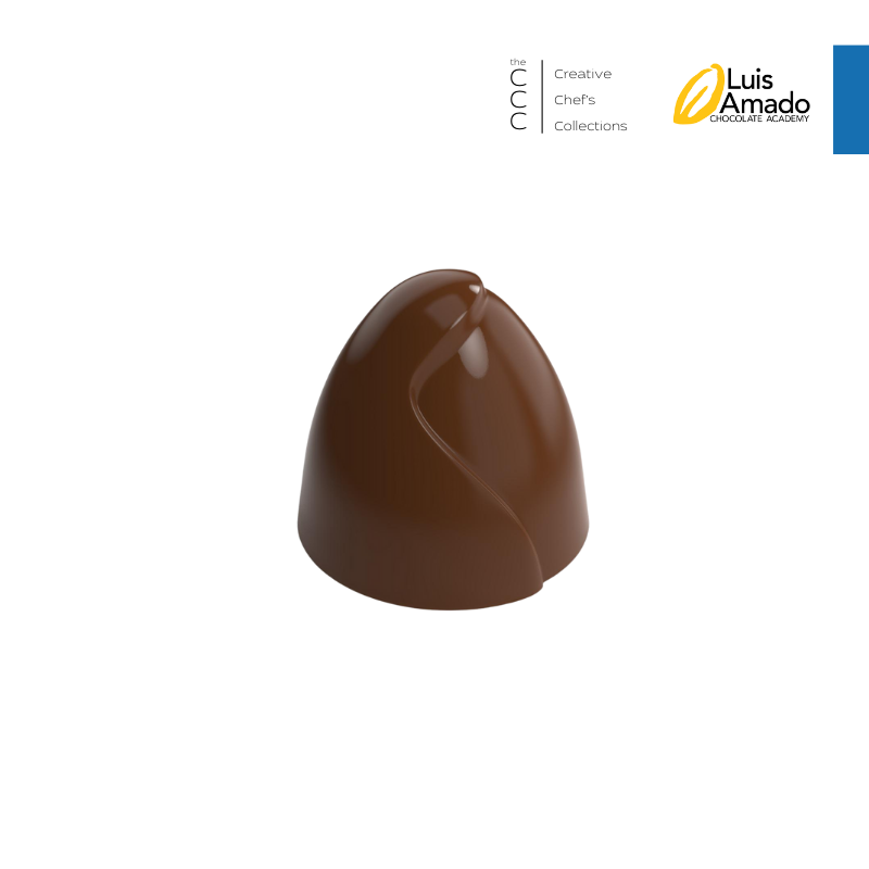 polycarbonate dome chocolate mold, conical chocolate mold, swirl chocolate mould, spiral design chocolate mold, curved line chocolate mold, 3D praline chocolate mold, sculpted bonbon mold, geometric chocolate mold, modern chocolate mould, decorative praline mold, filled chocolate mold, professional polycarbonate chocolate mold, artisan chocolate mold, confectionery chocolate mold, chocolate casting mold, reusable chocolate mold, rigid chocolate mould