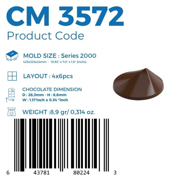 polycarbonate cone chocolate mold, faceted chocolate mold, pointed chocolate mould, geometric praline chocolate mold, pyramid dome chocolate mold, diamond shape chocolate mold, gemstone chocolate mold, 3D geometric chocolate mold, conical bonbon mold, modern chocolate mold, decorative praline mold, professional polycarbonate chocolate mold, filled chocolate mold, artisan chocolate mold, confectionery chocolate mold, chocolate casting mold, reusable chocolate mold, rigid chocolate mould