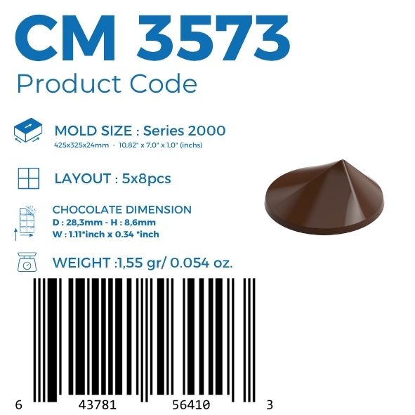 polycarbonate faceted chocolate mold, cone chocolate mold, geometric praline chocolate mold, pointed dome chocolate mould, gemstone chocolate mold, diamond cut chocolate mold, faceted bonbon mold, 3D geometric chocolate mold, round base chocolate mold, modern praline mold, decorative chocolate mold, professional polycarbonate chocolate mold, filled chocolate mold, artisan chocolate mold, confectionery chocolate mold, chocolate casting mold, reusable chocolate mold, rigid chocolate mould