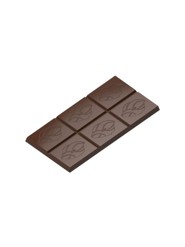 polycarbonate botanical chocolate mold, leaf chocolate mold, cocoa leaf chocolate mold, botanical chocolate bar mould, segmented chocolate tablet mold, 6 segment chocolate mold, engraved leaf chocolate mold, embossed chocolate bar mold, nature inspired chocolate mold, decorative chocolate tablet mold, rectangular chocolate bar mold, professional polycarbonate chocolate mold, artisan chocolate mold, confectionery chocolate mold, chocolate casting mold, reusable chocolate mold, rigid chocolate mould