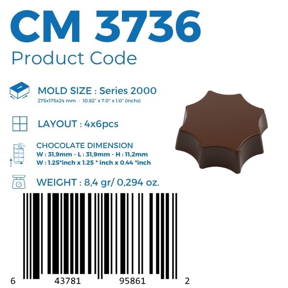polycarbonate star chocolate mold, star shaped chocolate mould, flower shape chocolate mold, scalloped chocolate mold, geometric praline chocolate mold, decorative bonbon mold, flat top chocolate mold, modern chocolate mould, 3D star chocolate mold, filled chocolate mold, professional polycarbonate chocolate mold, artisan chocolate mold, confectionery chocolate mold, chocolate casting mold, reusable chocolate mold, rigid chocolate mould