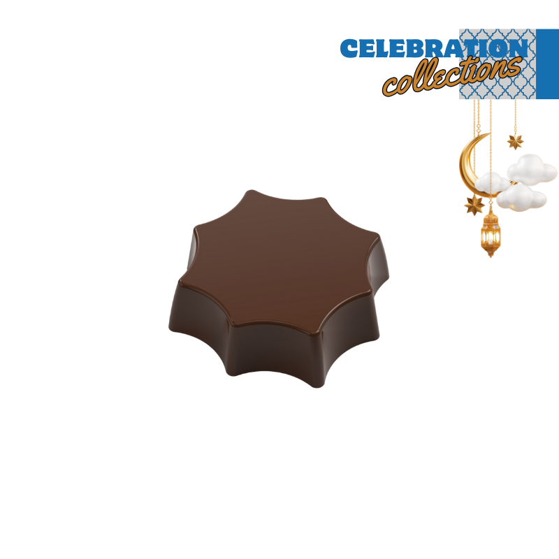 polycarbonate star chocolate mold, star shaped chocolate mould, flower shape chocolate mold, scalloped chocolate mold, geometric praline chocolate mold, decorative bonbon mold, flat top chocolate mold, modern chocolate mould, 3D star chocolate mold, filled chocolate mold, professional polycarbonate chocolate mold, artisan chocolate mold, confectionery chocolate mold, chocolate casting mold, reusable chocolate mold, rigid chocolate mould