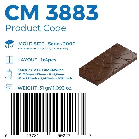 polycarbonate cracked chocolate mold, shattered glass chocolate mold, broken pattern chocolate mould, geometric chocolate bar mold, abstract chocolate tablet mold, fractured chocolate mold, crack pattern chocolate mold, textured chocolate bar mould, modern chocolate mold, decorative chocolate tablet mold, segmented chocolate mold, professional polycarbonate chocolate mold, artisan chocolate bar mold, chocolate casting mold, confectionery chocolate mold, reusable chocolate mold, rigid chocolate mould