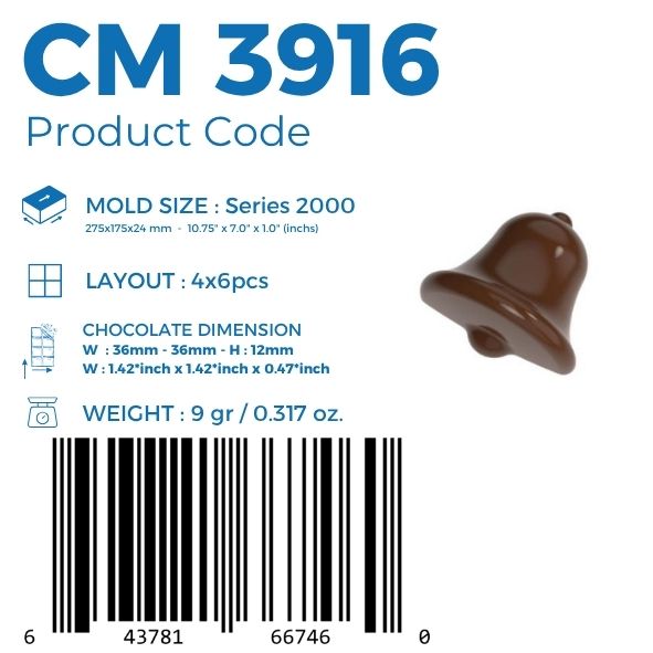 polycarbonate bell chocolate mold, bell shaped chocolate mould, 3D bell chocolate mold, Christmas bell chocolate mold, holiday bell chocolate mould, festive chocolate mold, bell praline mold, bell bonbon mold, decorative chocolate mold, seasonal chocolate mold, Christmas chocolate mold, professional polycarbonate chocolate mold, artisan chocolate mold, confectionery chocolate mold, chocolate casting mold, reusable chocolate mold, rigid chocolate mould