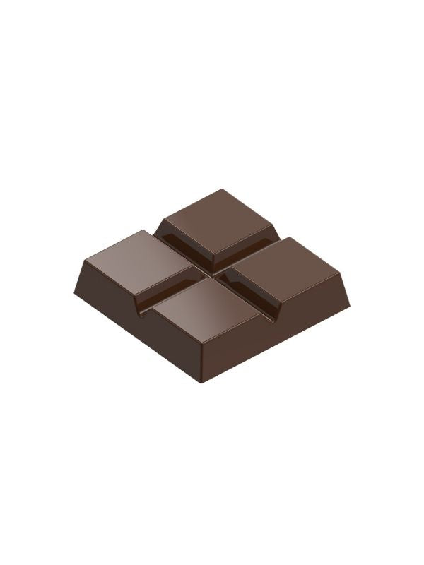 polycarbonate segmented chocolate mold, four segment chocolate bar mold, 4 piece chocolate mold, square segment chocolate mould, geometric chocolate bar mold, raised square chocolate mold, break apart chocolate mold, modern chocolate tablet mold, rectangular chocolate mold, professional polycarbonate chocolate mold, artisan chocolate mold, chocolate casting mold, confectionery chocolate mold, solid chocolate bar mold, reusable chocolate mold, rigid chocolate mould