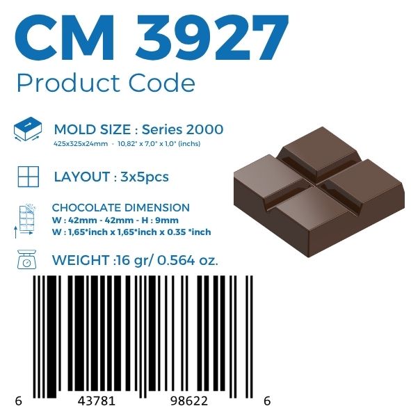 polycarbonate segmented chocolate mold, four segment chocolate bar mold, 4 piece chocolate mold, square segment chocolate mould, geometric chocolate bar mold, raised square chocolate mold, break apart chocolate mold, modern chocolate tablet mold, rectangular chocolate mold, professional polycarbonate chocolate mold, artisan chocolate mold, chocolate casting mold, confectionery chocolate mold, solid chocolate bar mold, reusable chocolate mold, rigid chocolate mould