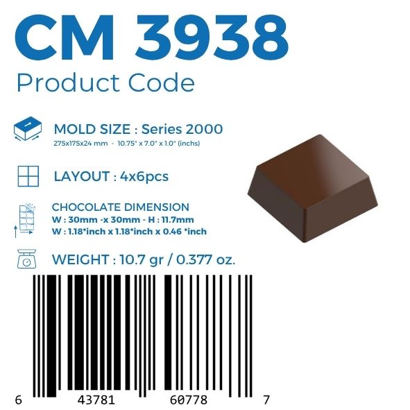 polycarbonate square chocolate mold, square praline chocolate mold, square bonbon mould, flat top chocolate mold, beveled chocolate mould, geometric praline mold, minimalist chocolate mold, classic chocolate mold, filled chocolate mold, professional polycarbonate chocolate mold, artisan chocolate mold, confectionery chocolate mold, chocolate casting mold, reusable chocolate mold, rigid chocolate mould, premium praline mold
