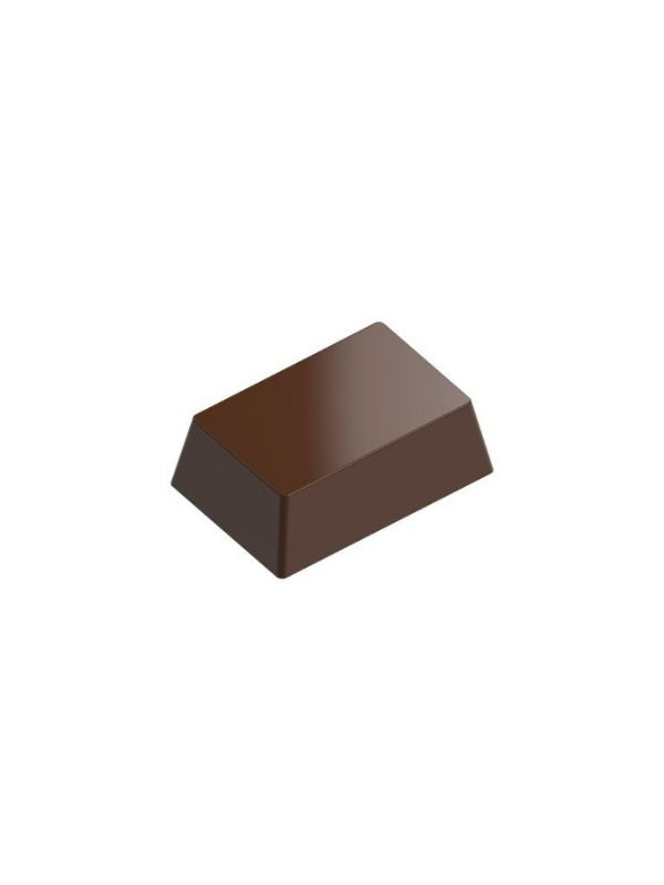 polycarbonate rectangular chocolate mold, trapezoid chocolate mold, rectangular praline chocolate mold, beveled chocolate mould, flat top chocolate mold, geometric praline mold, minimalist chocolate mold, classic bonbon mold, filled chocolate mold, professional polycarbonate chocolate mold, artisan chocolate mold, confectionery chocolate mold, chocolate casting mold, reusable chocolate mold, rigid chocolate mould, premium praline mold