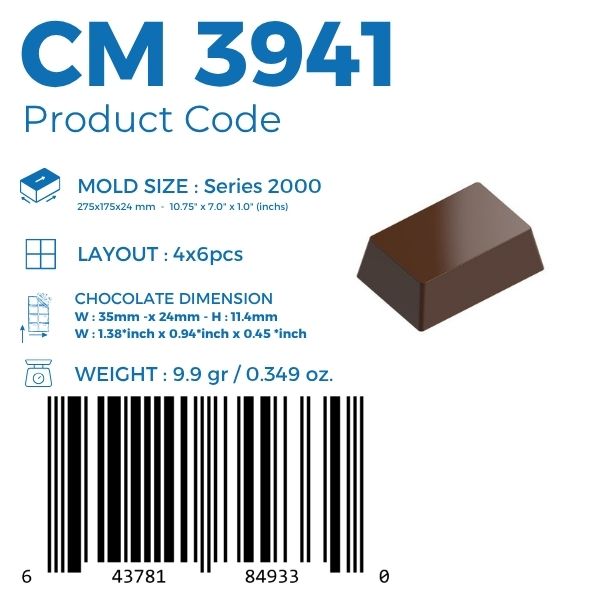 polycarbonate rectangular chocolate mold, trapezoid chocolate mold, rectangular praline chocolate mold, beveled chocolate mould, flat top chocolate mold, geometric praline mold, minimalist chocolate mold, classic bonbon mold, filled chocolate mold, professional polycarbonate chocolate mold, artisan chocolate mold, confectionery chocolate mold, chocolate casting mold, reusable chocolate mold, rigid chocolate mould, premium praline mold
