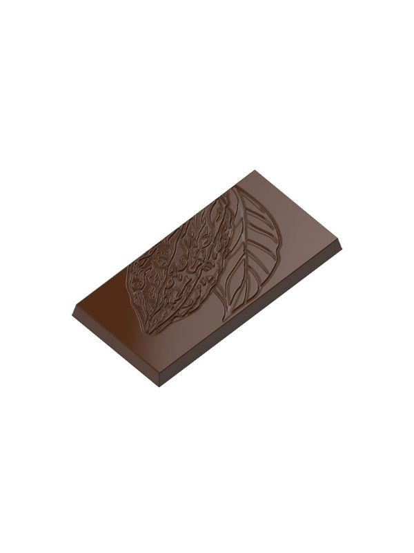 polycarbonate cocoa pod chocolate mold, cacao pod chocolate mould, cocoa fruit chocolate mold, cocoa leaf chocolate mold, botanical chocolate bar mold, cacao themed chocolate mold, embossed cocoa chocolate mold, engraved chocolate tablet mold, decorative chocolate bar mould, rectangular chocolate mold, nature inspired chocolate mold, professional polycarbonate chocolate mold, artisan chocolate mold, confectionery chocolate mold, chocolate casting mold, reusable chocolate mold, rigid chocolate mould