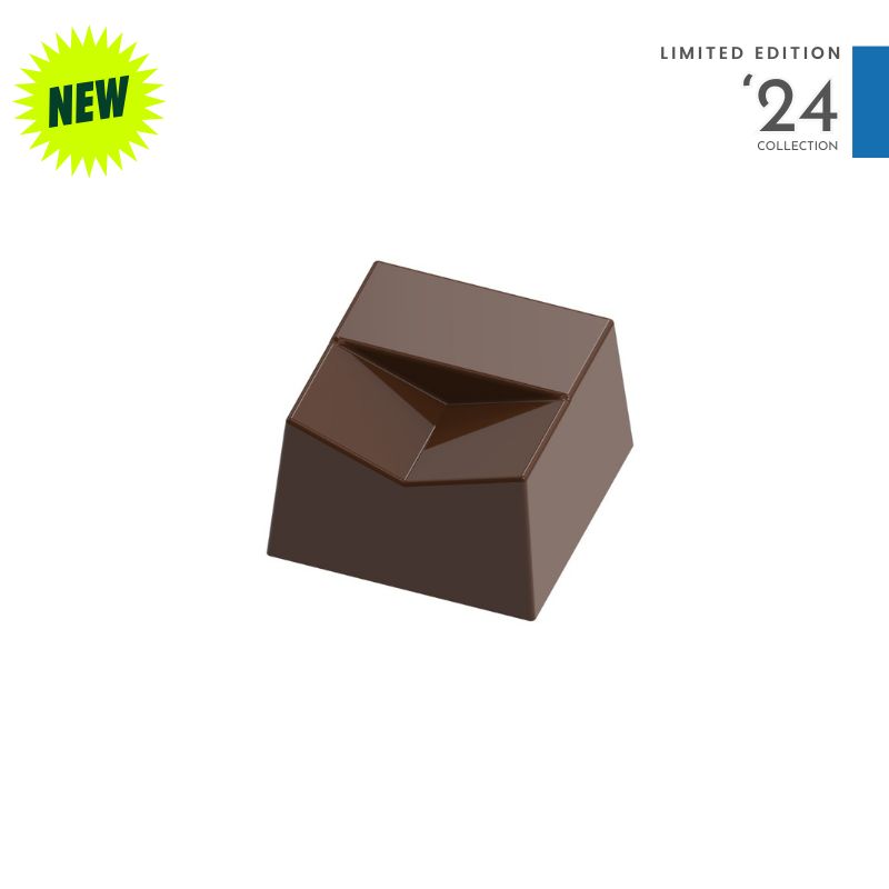 polycarbonate geometric chocolate mold, faceted praline chocolate mold, triangular pattern chocolate mould, recessed geometric chocolate mold, square praline chocolate mold, angular chocolate mould, modern bonbon mold, abstract chocolate mold, 3D geometric chocolate mold, diamond cut chocolate mold, special design chocolate mold, professional polycarbonate chocolate mold, filled chocolate mold, artisan chocolate mold, confectionery chocolate mold, chocolate casting mold, reusable chocolate mold, rigid choco