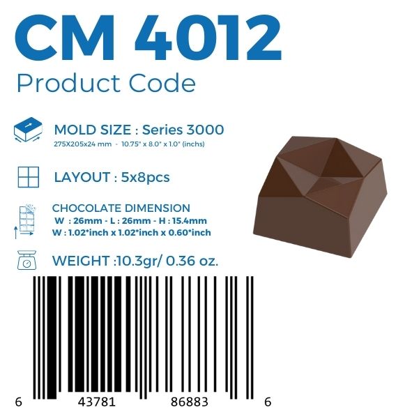 polycarbonate geometric chocolate mold, faceted praline chocolate mold, special chocolate mould, 10.3g chocolate mold, diamond shape chocolate mold, gemstone chocolate mould, angular praline mold, multi faceted chocolate mold, geometric bonbon mold, 3D chocolate mold, modern praline chocolate mold, square praline mold, professional polycarbonate chocolate mold, filled chocolate mold, artisan chocolate mold, confectionery chocolate mold, chocolate casting mold, reusable chocolate mold