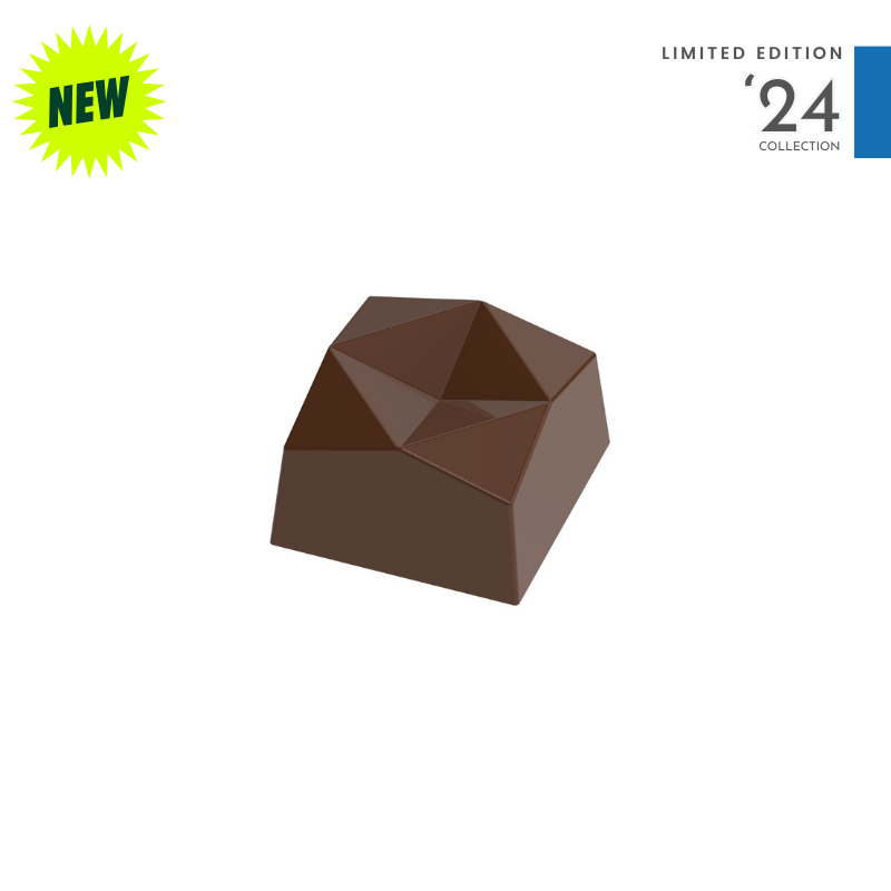 polycarbonate geometric chocolate mold, faceted praline chocolate mold, special chocolate mould, 10.3g chocolate mold, diamond shape chocolate mold, gemstone chocolate mould, angular praline mold, multi faceted chocolate mold, geometric bonbon mold, 3D chocolate mold, modern praline chocolate mold, square praline mold, professional polycarbonate chocolate mold, filled chocolate mold, artisan chocolate mold, confectionery chocolate mold, chocolate casting mold, reusable chocolate mold