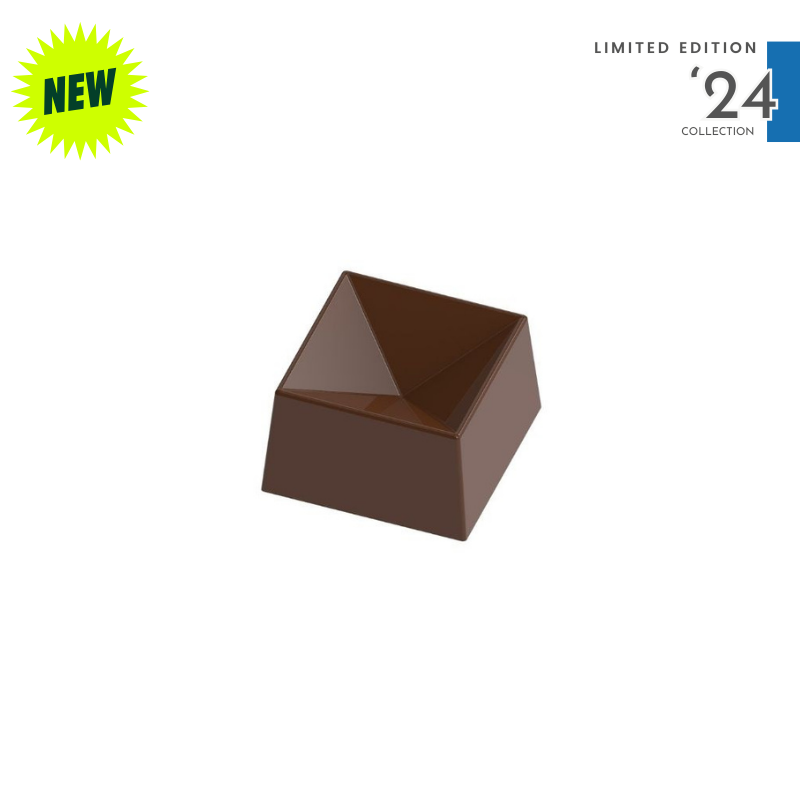 polycarbonate pyramid chocolate mold, pyramid praline chocolate mold, geometric chocolate mould, faceted chocolate mold, single pyramid chocolate mold, square praline chocolate mold, 3D pyramid chocolate mold, angular chocolate mould, geometric bonbon mold, diamond style chocolate mold, modern praline mold, filled chocolate mold, professional polycarbonate chocolate mold, artisan chocolate mold, confectionery chocolate mold, chocolate casting mold, reusable chocolate mold, rigid chocolate mould
