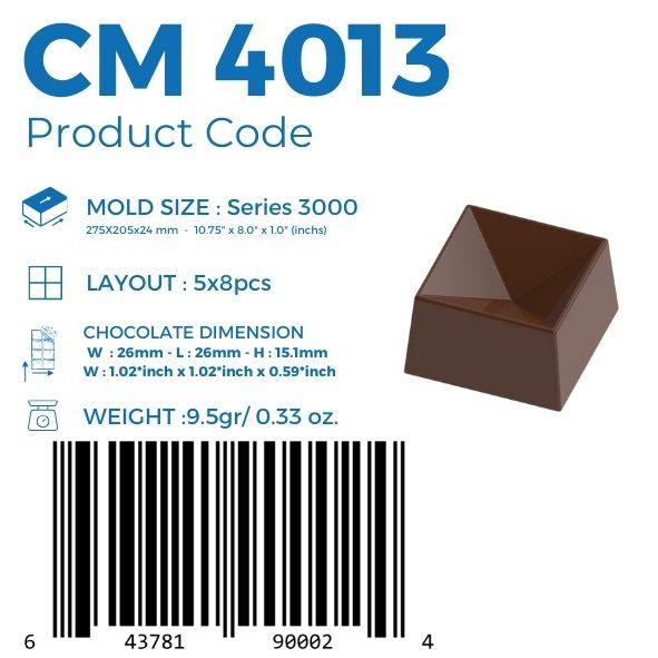 polycarbonate pyramid chocolate mold, pyramid praline chocolate mold, geometric chocolate mould, faceted chocolate mold, single pyramid chocolate mold, square praline chocolate mold, 3D pyramid chocolate mold, angular chocolate mould, geometric bonbon mold, diamond style chocolate mold, modern praline mold, filled chocolate mold, professional polycarbonate chocolate mold, artisan chocolate mold, confectionery chocolate mold, chocolate casting mold, reusable chocolate mold, rigid chocolate mould