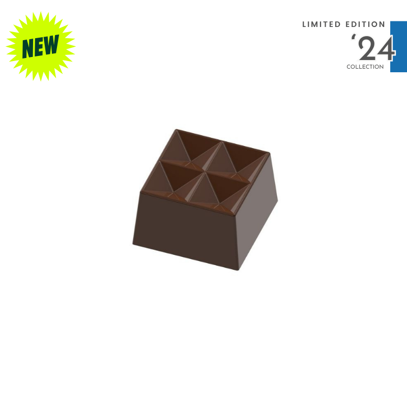 polycarbonate geometric chocolate mold, pyramid praline chocolate mold, faceted chocolate mould, multi pyramid chocolate mold, 10.3g chocolate mold, special praline chocolate mold, square praline mold, geometric bonbon mold, angular chocolate mould, 3D chocolate mold, diamond style chocolate mold, modern praline mold, professional polycarbonate chocolate mold, filled chocolate mold, artisan chocolate mold, confectionery chocolate mold, chocolate casting mold, reusable chocolate mold