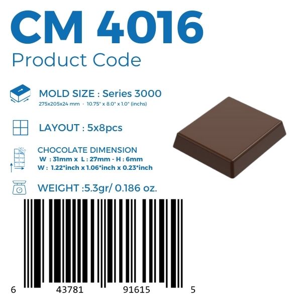 polycarbonate square chocolate mold, rectangular praline chocolate mold, flat top chocolate mould, beveled chocolate mold, plain praline mold, geometric chocolate mold, square bonbon mould, minimalist chocolate mold, classic chocolate mold, filled chocolate mold, professional polycarbonate chocolate mold, artisan chocolate mold, confectionery chocolate mold, chocolate casting mold, reusable chocolate mold, rigid chocolate mould