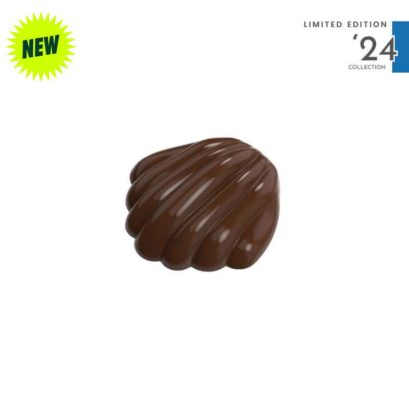 polycarbonate madeleine chocolate mold, madeleine praline chocolate mold, shell chocolate mould, scallop chocolate mold, fluted chocolate mold, ribbed chocolate mould, 79.5g chocolate mold, 3D madeleine chocolate mold, shell shaped praline mold, textured chocolate mold, French pastry chocolate mold, decorative praline mold, professional polycarbonate chocolate mold, filled chocolate mold, artisan chocolate mold, confectionery chocolate mold, chocolate casting mold, reusable chocolate mold