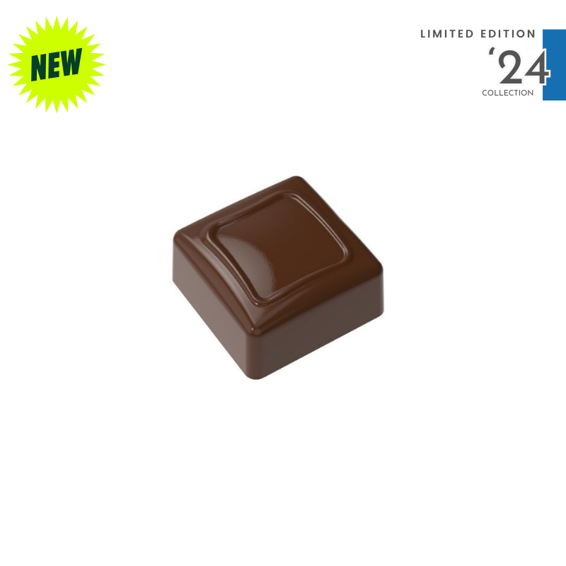 polycarbonate square chocolate mold, square praline chocolate mold, framed chocolate mould, recessed square chocolate mold, embossed frame chocolate mold, geometric praline mold, square bonbon mold, decorative chocolate mould, classic chocolate mold, modern praline mold, filled chocolate mold, professional polycarbonate chocolate mold, artisan chocolate mold, confectionery chocolate mold, chocolate casting mold, reusable chocolate mold, rigid chocolate mould