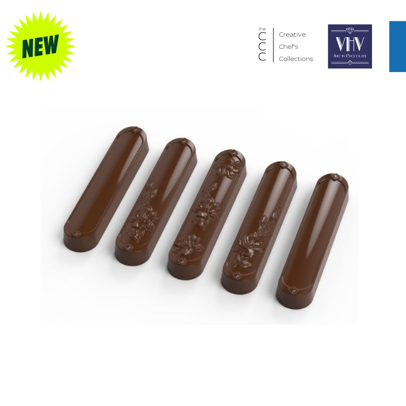 polycarbonate finger chocolate mold, elongated praline chocolate mold, capsule chocolate mold, long bonbon mould, floral chocolate mold, embossed chocolate mold, decorative praline mould, botanical chocolate mold, long chocolate stick mold, smooth chocolate mold, patterned chocolate mould, artisan chocolate mold, filled chocolate mold, professional polycarbonate chocolate mold, confectionery chocolate mold, chocolate casting mold, reusable chocolate mold, rigid chocolate mould