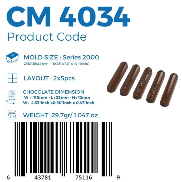 polycarbonate finger chocolate mold, elongated praline chocolate mold, capsule chocolate mold, long bonbon mould, floral chocolate mold, embossed chocolate mold, decorative praline mould, botanical chocolate mold, long chocolate stick mold, smooth chocolate mold, patterned chocolate mould, artisan chocolate mold, filled chocolate mold, professional polycarbonate chocolate mold, confectionery chocolate mold, chocolate casting mold, reusable chocolate mold, rigid chocolate mould