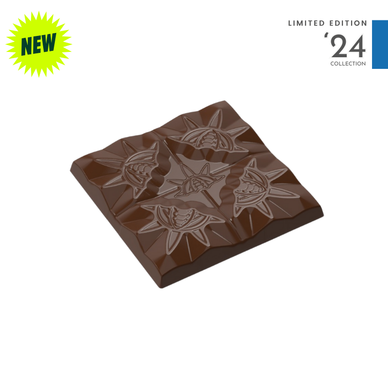 polycarbonate floral chocolate mold, starburst chocolate mold, flower pattern chocolate mould, decorative chocolate bar mold, embossed chocolate mold, geometric chocolate tablet mold, botanical chocolate mould, textured chocolate bar mold, artistic chocolate mold, square chocolate tablet mold, premium chocolate mold, professional polycarbonate chocolate mold, artisan chocolate mold, confectionery chocolate mold, chocolate casting mold, reusable chocolate mold, rigid chocolate mould