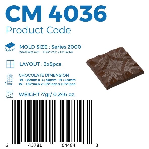 polycarbonate floral chocolate mold, starburst chocolate mold, flower pattern chocolate mould, decorative chocolate bar mold, embossed chocolate mold, geometric chocolate tablet mold, botanical chocolate mould, textured chocolate bar mold, artistic chocolate mold, square chocolate tablet mold, premium chocolate mold, professional polycarbonate chocolate mold, artisan chocolate mold, confectionery chocolate mold, chocolate casting mold, reusable chocolate mold, rigid chocolate mould