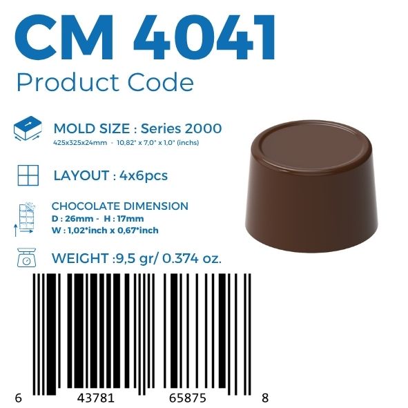 polycarbonate tapered chocolate mold, truncated cone chocolate mold, round praline chocolate mold, cylindrical chocolate mould, flat top chocolate mold, conical bonbon mold, geometric chocolate mold, professional polycarbonate chocolate mold, filled chocolate mold, praline chocolate mould, bonbon chocolate mold, chocolate casting mold, confectionery chocolate mold, artisan chocolate mold, reusable chocolate mold, rigid chocolate mould, modern praline mold