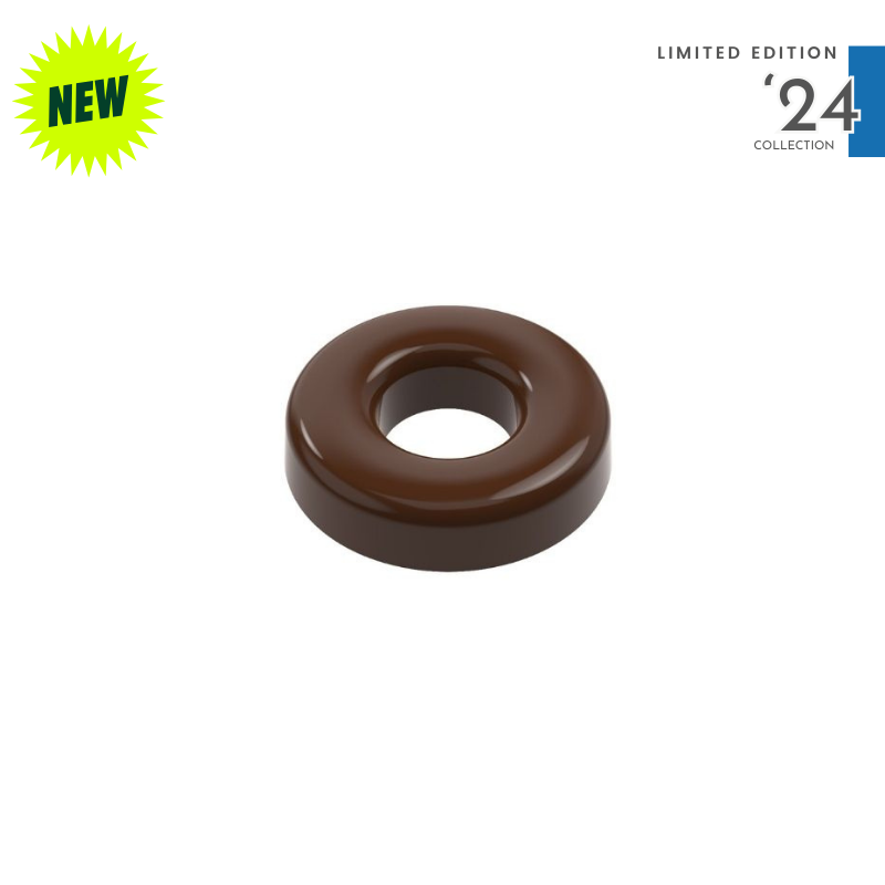 polycarbonate ring chocolate mold, donut chocolate mold, doughnut chocolate mould, ring praline chocolate mold, round bonbon mold, center hole chocolate mold, smooth ring chocolate mold, 3D donut chocolate mold, geometric chocolate mould, modern praline mold, filled chocolate mold, professional polycarbonate chocolate mold, artisan chocolate mold, confectionery chocolate mold, chocolate casting mold, reusable chocolate mold, rigid chocolate mould