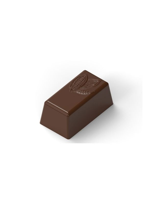 polycarbonate cocoa pod chocolate mold, cacao pod praline mold, botanical chocolate mould, cocoa leaf chocolate mold, engraved praline chocolate mold, embossed chocolate mold, decorative chocolate mold, trapezoid praline mold, rectangular praline chocolate mold, cocoa themed chocolate mold, artisan chocolate mold, professional polycarbonate chocolate mold, filled chocolate mold, bonbon chocolate mold, chocolate casting mold, confectionery chocolate mold, reusable chocolate mold, rigid chocolate mould
