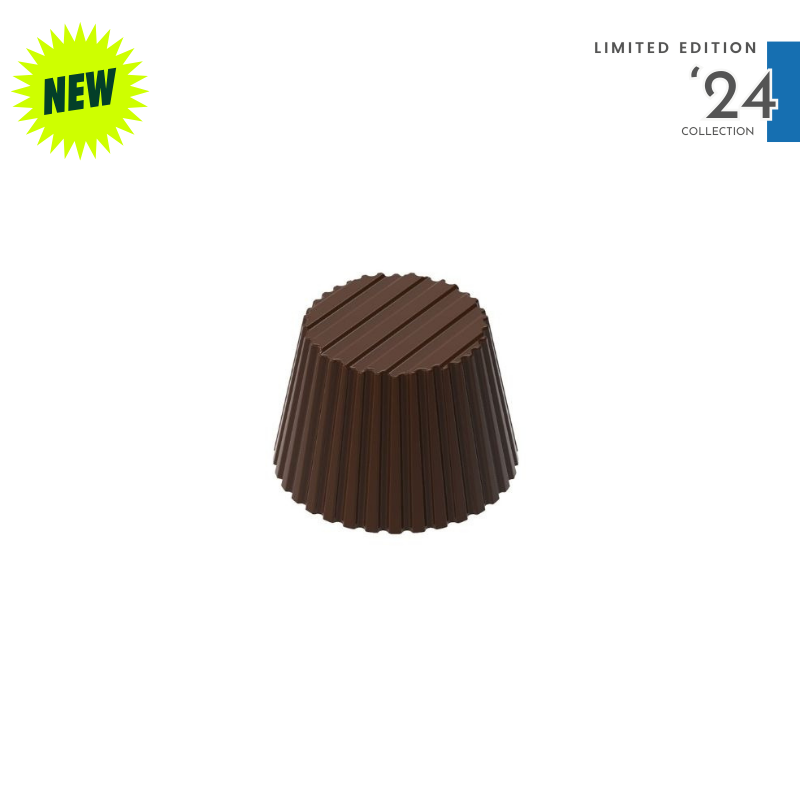 polycarbonate fluted chocolate mold, ribbed chocolate mould, grooved praline chocolate mold, round praline mold, truncated cone chocolate mold, textured bonbon mould, vertical stripe chocolate mold, ridged chocolate mold, geometric chocolate mold, modern praline mold, decorative chocolate mould, professional polycarbonate chocolate mold, filled chocolate mold, artisan chocolate mold, confectionery chocolate mold, chocolate casting mold, reusable chocolate mold, rigid chocolate mould